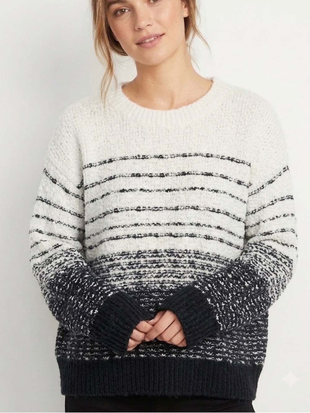 VINCE Wool Blend Black Ivory Ombre Stripe Chunky Knit Sweater Size Large